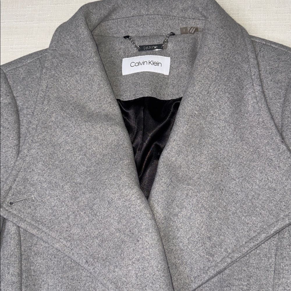 Calvin Klein women’s gray wool-blend wrap coat. - Picture 3 of 12